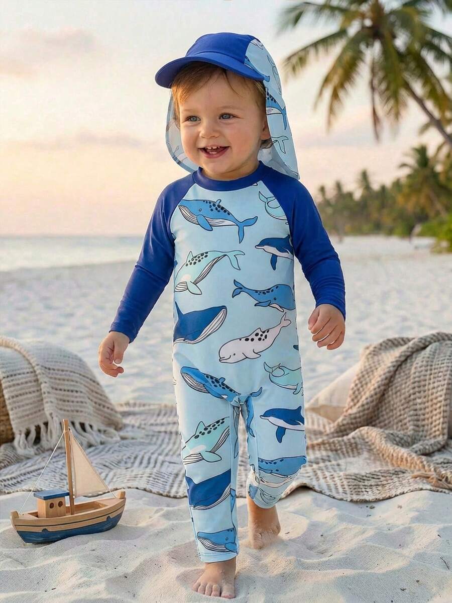 Bộ đồ bơi liền thân in hình cá voi cho bé trai, thích hợp cho kỳ nghỉ biển. - Màu xanh lam - Xem 1