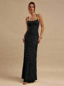 SHEIN BAE 纯黄色提花露背系带修身连衣裙，优雅大方，适合早午餐、婚礼宾客、鸡尾酒会、海滩度假等场合。 - 黑色 - 查看 3