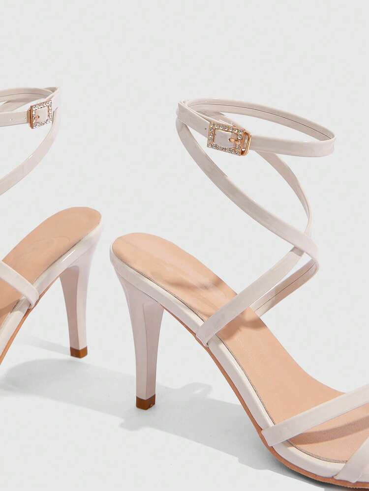 CUCCOO SZL Women Shoes Round Toe Stiletto Beige Stripe With Ankle Strap Women's High Heel Sandals Fashion Elegant Sexy Party Banquet Dating Women Sandals