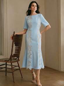 Anewsta French Elegant Solid Color Round Neck Short Sleeve Lace Patchwork Semi-Sheer Waist Cinched Women Dress - Sky Blue - View 4