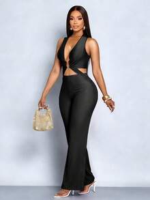 SOLERSUN Bộ jumpsuit nữ màu trơn thanh lịch, gợi cảm, kiểu dáng mới mùa xuân hè, cổ chữ V sâu, thích hợp cho kỳ nghỉ đêm, đi chơi, du lịch, tiệc tùng, đi chơi hàng ngày. - màu đen - Xem 4