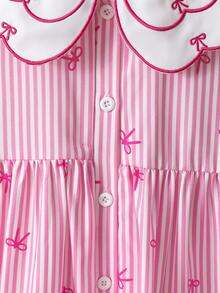 Elladie kids Vestido de niña con cuello bordado, decoración de lazo a rayas y botones en la cintura, adecuado para uso casual, elegante y lindo en el día a día o en vacaciones - Rosa - Ver 6
