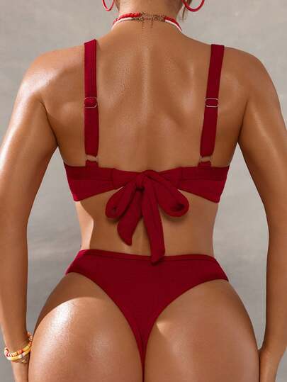 Swim DD+ Damen Sommer Strand einfarbiger geknoteter sexy Bikini Badeanzug Set