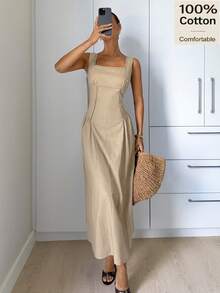 Siren Gaze Women's 100% Cotton Sleeveless Elegant Solid Color Square Neck Flared Midi Dress,Casual Summer Splice Lace Trim Hem Tea Party Old Money Chic Outfits - Camel - View 4