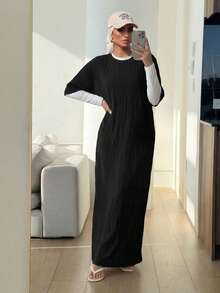 Solavon 女士纯色圆领蝙蝠袖宽松长款休闲连衣裙，春夏季，非常适合海滩/休闲/度假/家居服 - 黑色 - 查看 5