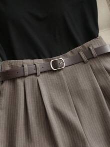 Franclia 百搭休闲时尚通勤腰带装饰灰色竖条纹短裤、阔腿裤、百慕大裤，秋冬季 - 卡其色 - 查看 5