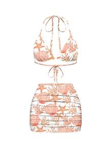 Sweetness Bộ đồ bơi 2 mảnh gợi cảm in hình vỏ sò, dễ thương và lãng mạn, kiểu buộc dây cổ, thích hợp cho kỳ nghỉ, mùa xuân/hè. - trái cam - Xem 1