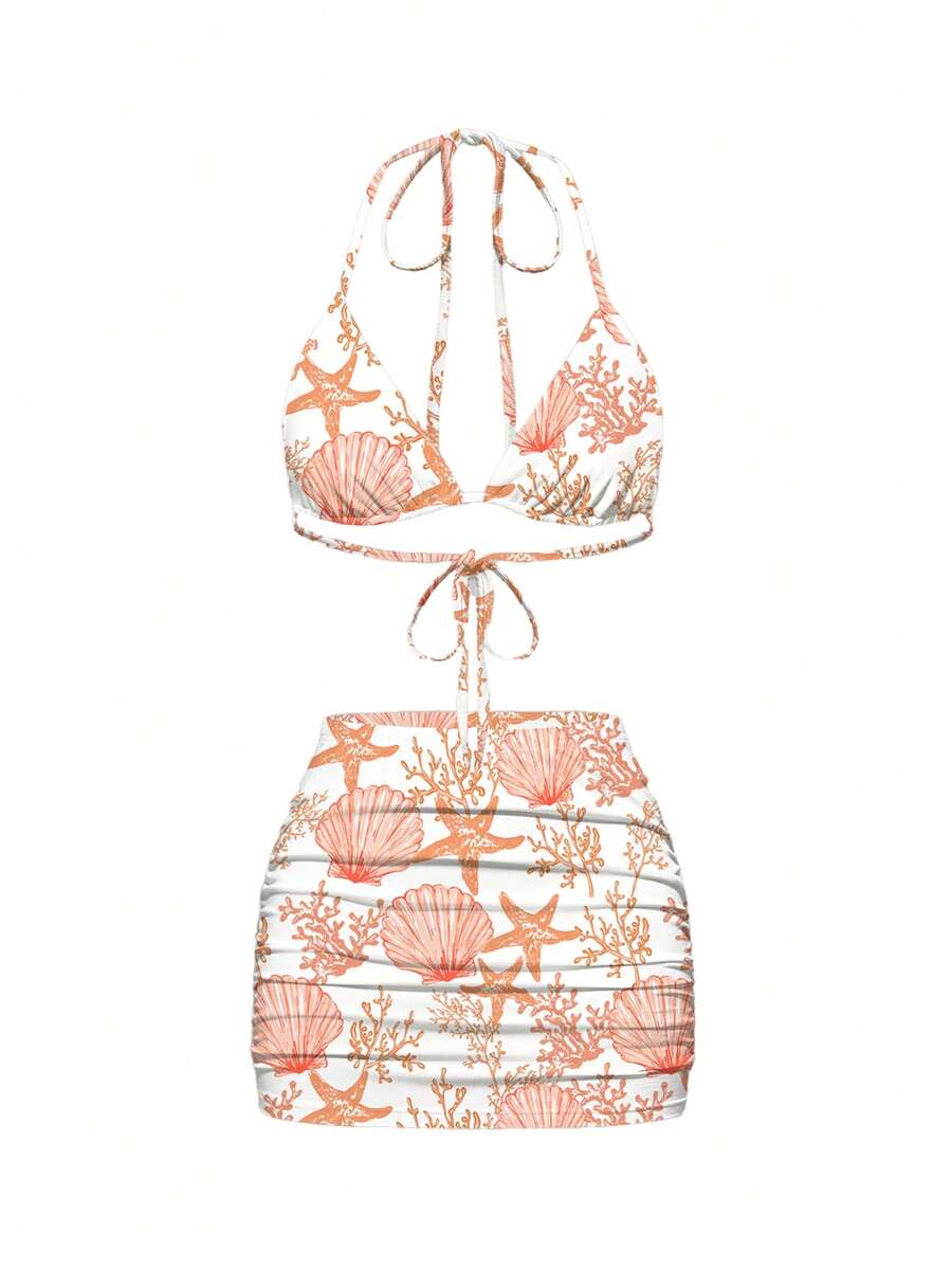 Sweetness Cute & Romantic Shell Print Tie-Up Halter Sexy Beach 2 Pieces Set, Suitable For Vacation, Spring/Summer - Orange - View 1