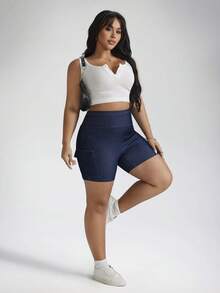 SHEIN Tall CURVE Plus Size Women's High Waist High Stretch Cargo Denim Shorts Casual Summer Streetwear Plus Size High Waist Slim Fit Casual Denim Shorts, Summer Jorts - Dark Wash - View 5