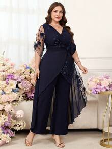 SHEIN Clasi Quần liền thân nữ cỡ lớn cổ chữ V phối lưới, kiểu dáng thường ngày. - Màu xanh hải quân - Xem 7