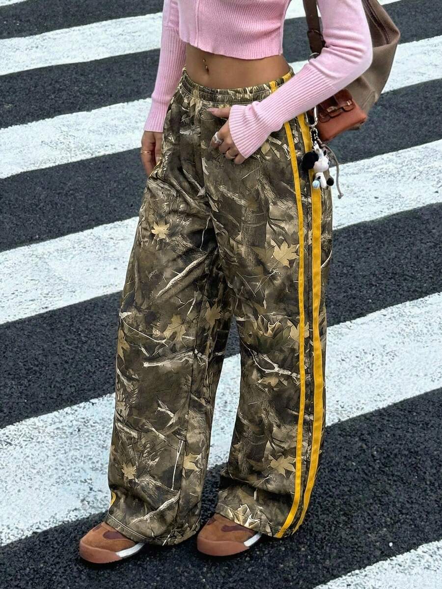 SHEIN 青少年女孩針織葉子印花拼接運動長褲 迷彩工裝褲 原宿風寬鬆 Y2K 長褲 - 黃色 - 查看 1