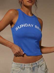 Athîral Women's Embrodiered Slogan Racer Vest Casual Top - Blue - View 4