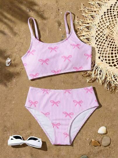 Bộ bikini kẻ sọc cho bé gái tuổi teen, áo tắm hai mảnh kiểu dáng thường ngày với đáy tam giác, thích hợp cho kỳ nghỉ, bãi biển, mùa hè.