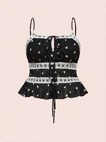 ROMWE Avant Áo camisole cỡ lớn kiểu vintage chấm bi khoét lỗ, buộc dây, nhiều lớp, thích hợp cho kỳ nghỉ ở Sicily. - màu đen - Xem 1