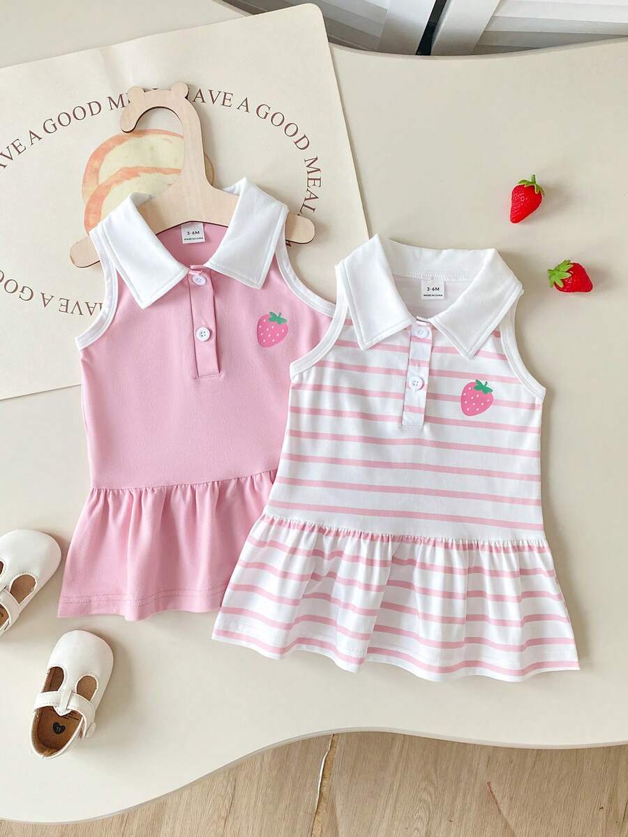 SHEIN Playful Pals Đầm hè kẻ sọc không tay cổ bẻ cho bé gái - Màu Hồng baby - Xem 1