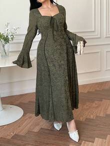 SHEIN PETITE CURVE 大码娇小款方领收腰A字蕾丝连衣裙 - 軍綠色 - 查看 6