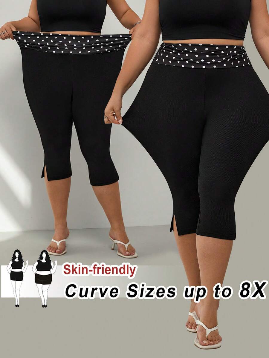 SHEIN CURVE+ Quần legging nữ cỡ lớn màu đen chấm bi dáng ôm dài 3/4, thích hợp mặc đi làm hàng ngày, hẹn hò, dự tiệc, mùa thu/đông/hè, Giáng sinh, Năm mới, Lễ Tạ ơn, tiệc tùng, đám cưới, đi biển, lễ tốt nghiệp, sang trọng, thanh lịch, thường ngày, đi chơi, hẹn hò, hẹn hò, đi làm, tỏa sáng, Ngày lễ tình nhân, thanh lịch, kỳ nghỉ, thường ngày, phong cách Y2K, gợi cảm.