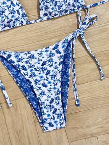 Swim Mod 2026春夏露背系带碎花比基尼两件套泳衣 - 藍色 - 查看 4