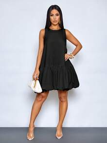 SOLERSUN Women's Elegant Scoop Neck Chic Ruffled Hem Summer Party Outfit Puffball Mini Dress - Black - View 4