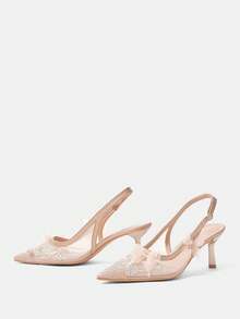 CUCCOO HITCHD 四季新款女鞋，刺绣钻石压花蝴蝶花朵设计，尖头细跟高跟鞋，优雅气质时尚网面女式高跟鞋，后跟提拉露跟鞋，优雅气质下午茶情人节派对婚礼服饰 - 卡其色 - 查看 6