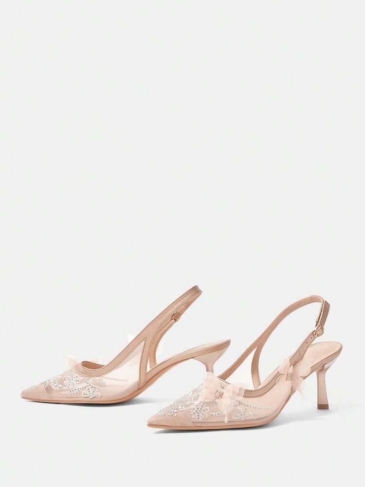 CUCCOO HITCHD Women Shoes Four Seasons New Embroidery Diamond Press Butterfly Flower Design Pointed Head Thin Heel High Heel Elegant Temperament Stylish Mesh Women's High Heel Shoes Back Lift With Dew Heel Shoes Elegant Temperament Afternoon Tea Valentine's Day Party Wedding Wear