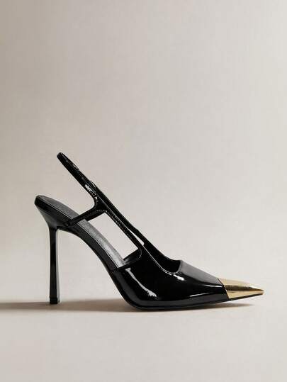 Hauture Elegant Women's Black Patent Slingback Pointed Metal Toe Cap Pump Square Cut Vamp Stiletto High Heel Sexy Spring Summer Vacay Party Shoes For Christmas