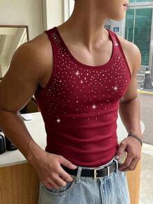 Manfinity Dauomo Áo ba lỗ nam không tay đính đá - Màu Đỏ Sâu - Xem 5