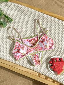 Swim Mod Brauner Polka-Punkt-Muster Rüschen-Saum Süßer Lässig Strand Urlaub Frauen Badeanzug Set - Verschiedenfarbig - Übersicht 2
