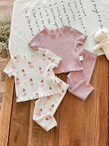 SHEIN LMoss Kids 新生女宝宝夏季休闲碎花荷叶边圆领短袖上衣和裤子四件套针织睡衣套装 - 粉色 - 查看 4