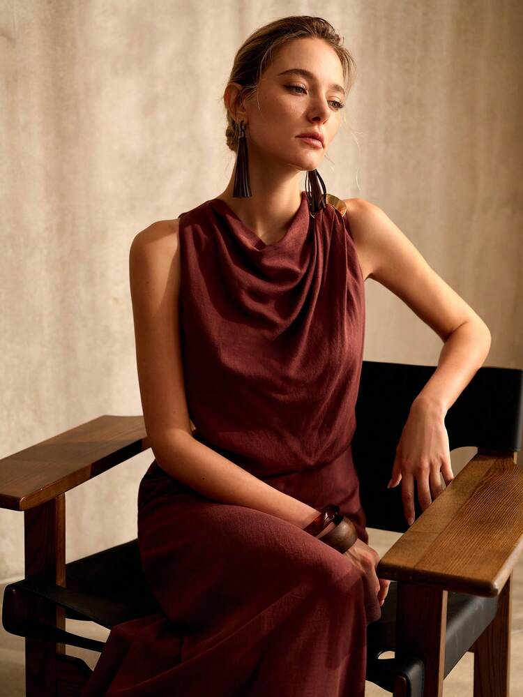 WOMEN'S LONG TENCEL LINEN STRUCTURED DESIGN DRESS