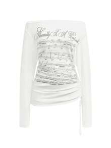 ROMWE Avant Millennium Y2K Vintage Piano Note Music Score Print Off-Shoulder Semi-Sheer Plus Size Women Top - White - View 1
