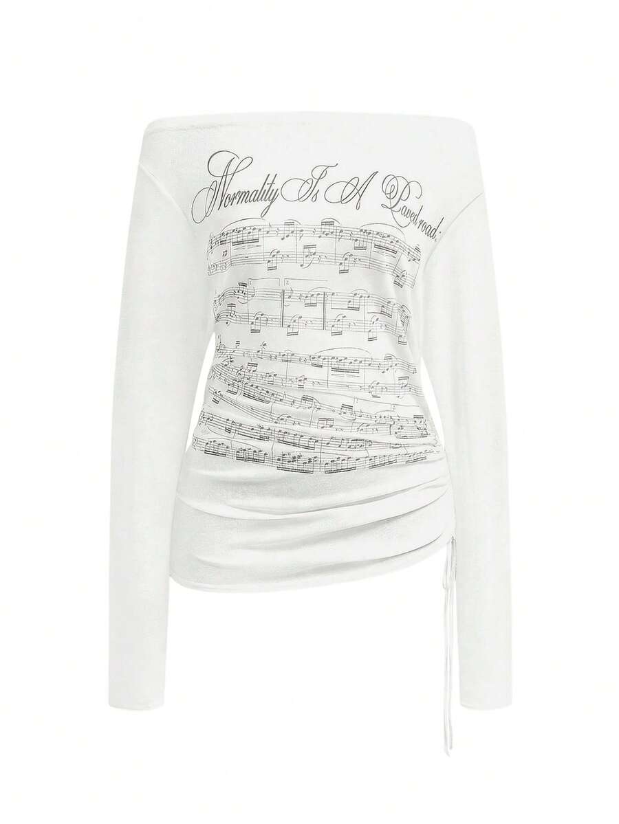 ROMWE Avant Millennium Y2K Vintage Piano Note Music Score Print Off-Shoulder Semi-Sheer Plus Size Women Top - White - View 1