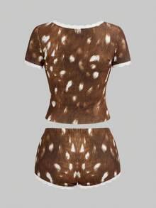 ROMWE Kawaii Bộ 2 chiếc áo bó ren họa tiết hươu gợi cảm và quần short mini cạp siêu thấp - màu nâu - Xem 8