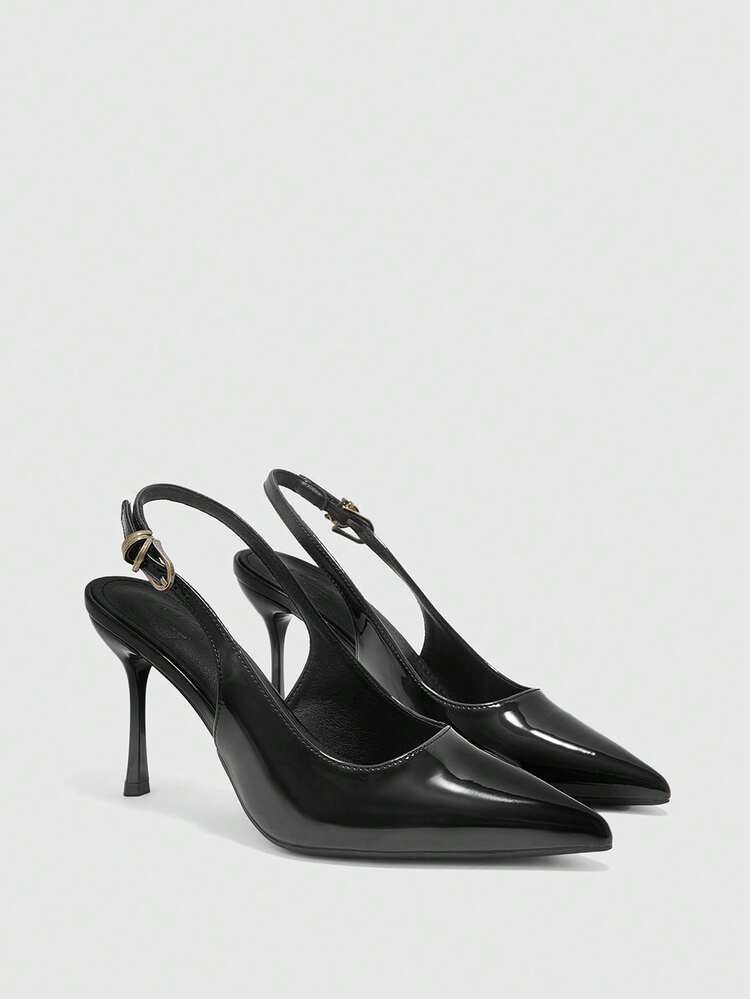 CUCCOO BIZCHIC Women's Pointed Patent Leather Glossy Black Slingback Rear Strap Fashion Versatile Sexy Style Metal Buckle High Heel Sandals