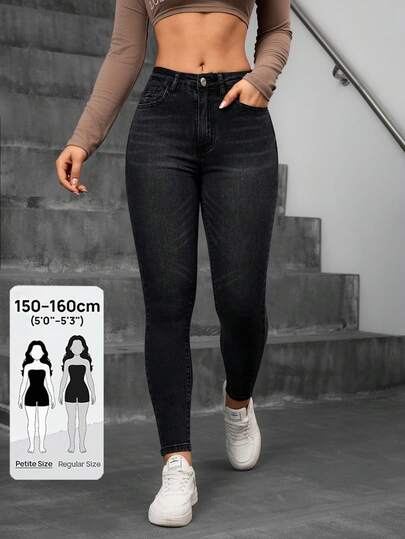 SHEIN PETITE Quần jeans nữ thường ngày có túi và nút