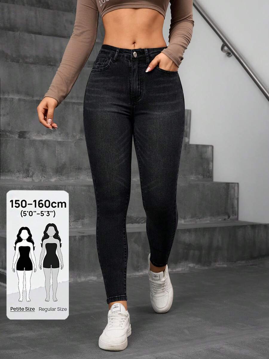 SHEIN PETITE Quần jeans nữ thường ngày có túi và nút - màu đen - Xem 1