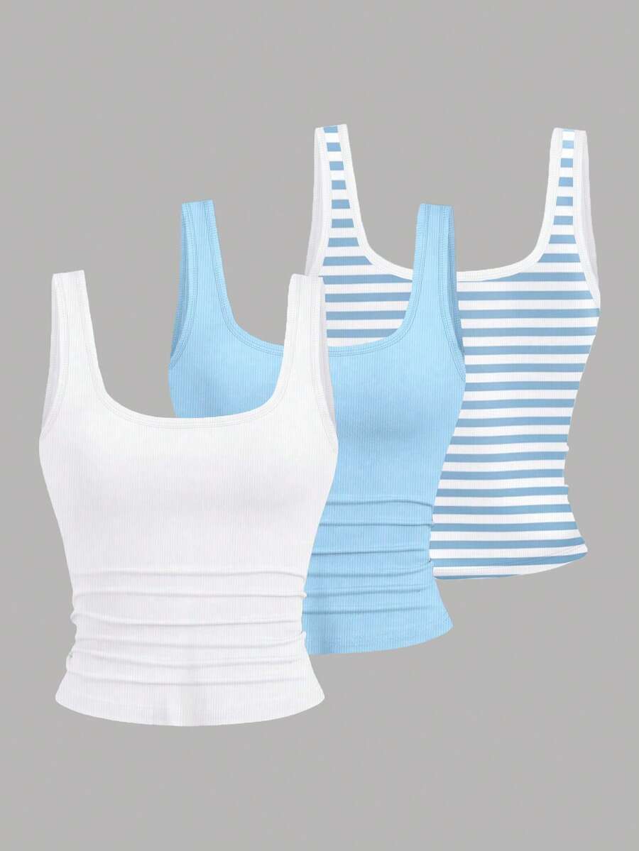 EMERY ROSE Set de 3 piezas de chaleco sin mangas de talla grande para mujer con estampado sólido y de rayas, para el verano - Multicolor - Ver 1