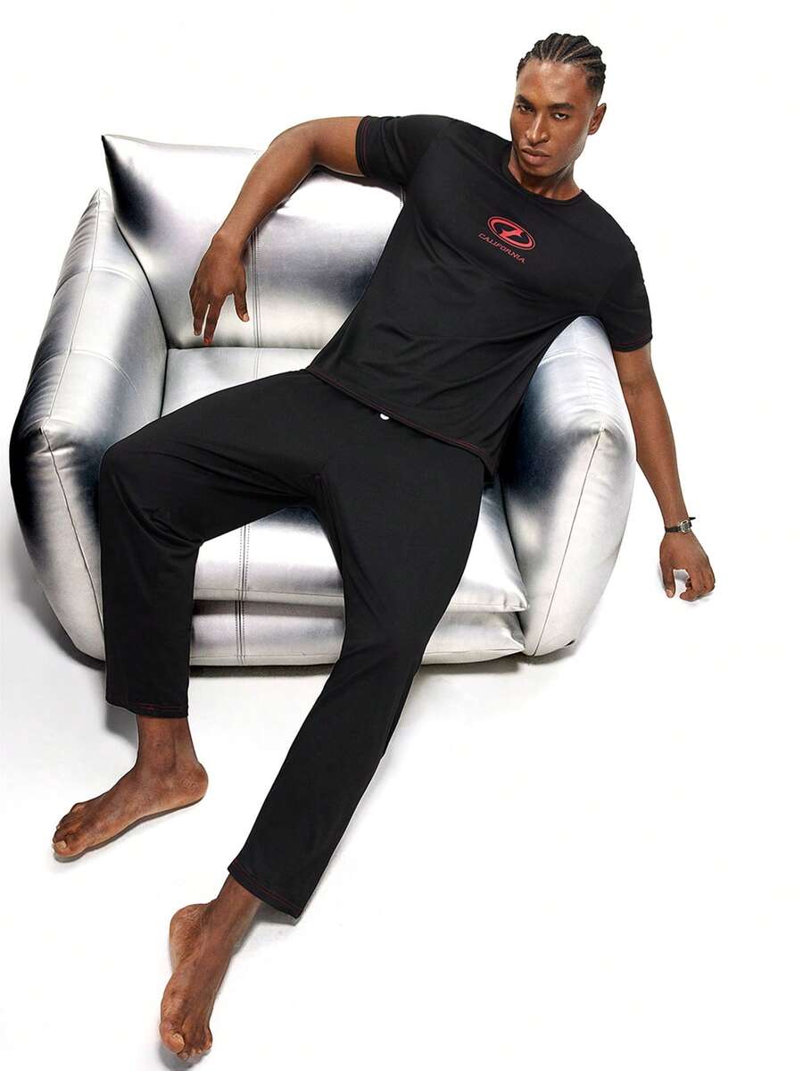 Rest Era Men's Simple Print Short Sleeve Top And Pants Pajama Set Men Lounge Set Pj Sets For Men Black Pjs Men's Pajama Sets Men's Sleep Wear - Black - View 1