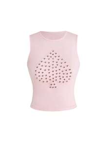 Grunge Punk Punk Rock Festival Edgy Metal Stud Poker Print Patchwork Women Tank Top - Pink - View 5
