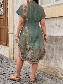 SHEIN LUNE 大码女式休闲复古花卉印花连衣裙，适合夏季海滩度假 - 彩色 - 查看 2