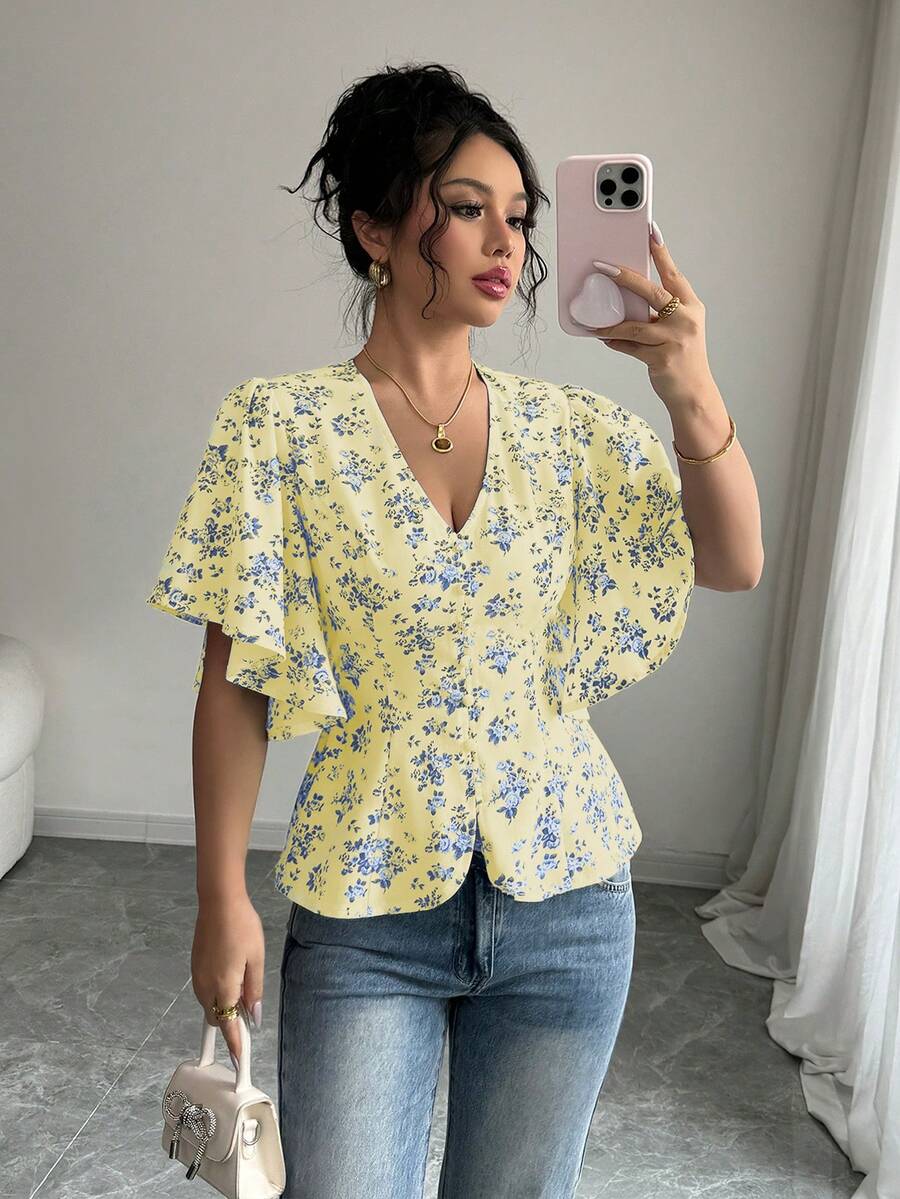 Elenzga 大码女装春夏法式优雅通勤商务休闲度假下午茶音乐节波西米亚风蓝白花卉印花V领腰带A字纽扣装饰泡泡袖衬衫 - 鵝黃色 - 查看 1