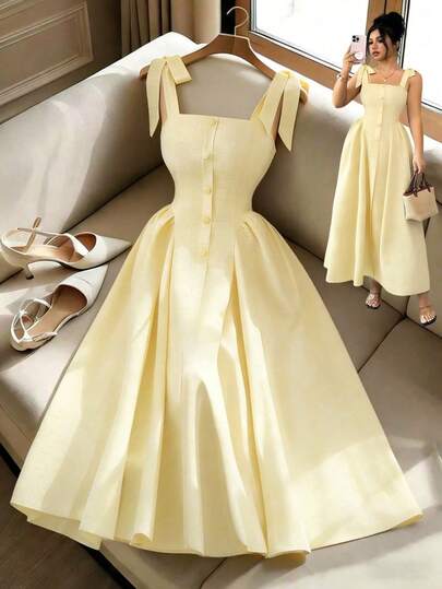 Elenzga Nuevo vestido midi tejido bicolor con textura y tirantes anudados, elegante y versátil para uso en la oficina