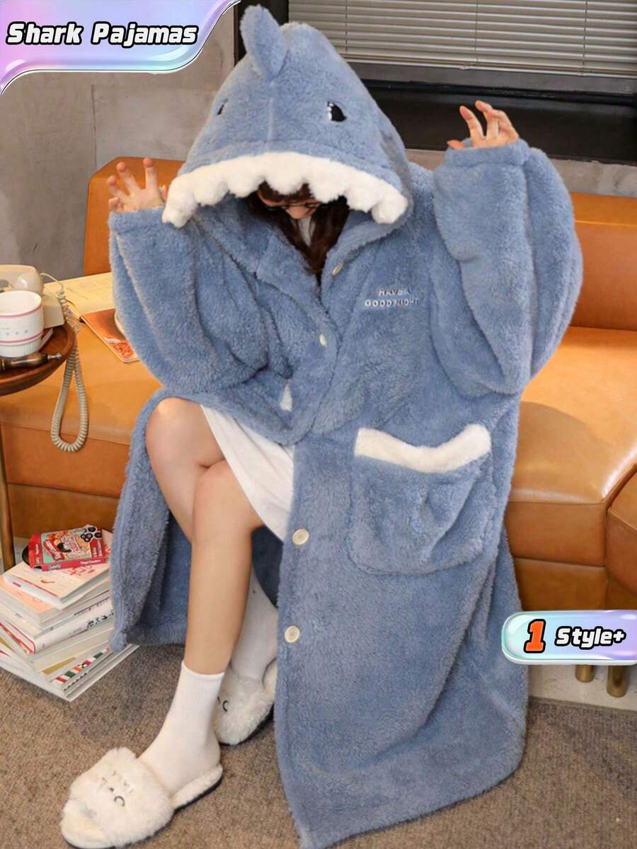 Women's Cozy Shark Themed Coral Fleece Robe - Cute, Thick, Warm Winter Loungewear With Pockets,Comfortable Flannel, A Must-Have For Halloween And Christmas, Nightgown, Warm And Cold-Proof - Multicolor - View 1