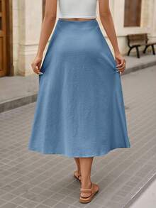 Brillora Women's Solid Color Single-Breasted Casual Vacation Midi Skirt - Blue - View 2