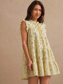 WESTFADE Đầm ngắn không tay in họa tiết hoa nhí, cổ cao giả, xếp ly, thắt nơ phía trước, buộc dây, kiểu phương Tây dành cho nữ. - Vàng nhạt - Xem 1