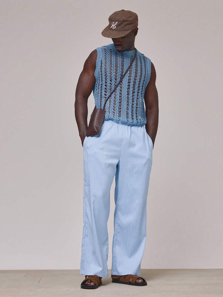 Musero Loose Fit Lightweight Elasticated Drawstring Waistband Pinstripe Trouser Bottoms Spring Summer Essentials Holiday - Blue and White - View 1