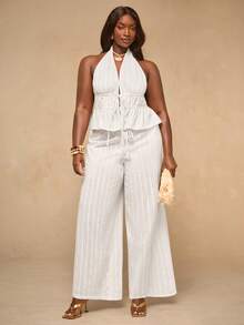 SHEIN BAE Damen Große Größen Set aus weißem Träger-Top mit Bindedetail und weiter Hose - Weiss - Übersicht 7