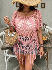 SHEIN VCAY Plus Size Women Solid Color Hollow Casual Versatile Knit Top For Daily Wear - Pink - View 5
