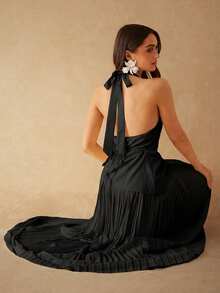 Silquee Elegant Black Summer Party Night Tie-Neck Ruched Waist A-Line Dress,Sleeveless Vacation,Beach,Nightclub,Cocktail,Wedding Guest,Bridesmaid,Graduation - Black - View 6