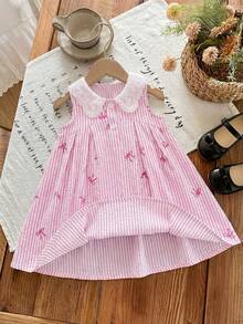 SHEIN LMoss Kids 女婴可爱休闲夏季条纹刺绣彼得潘领连衣裙 - 彩色 - 查看 3